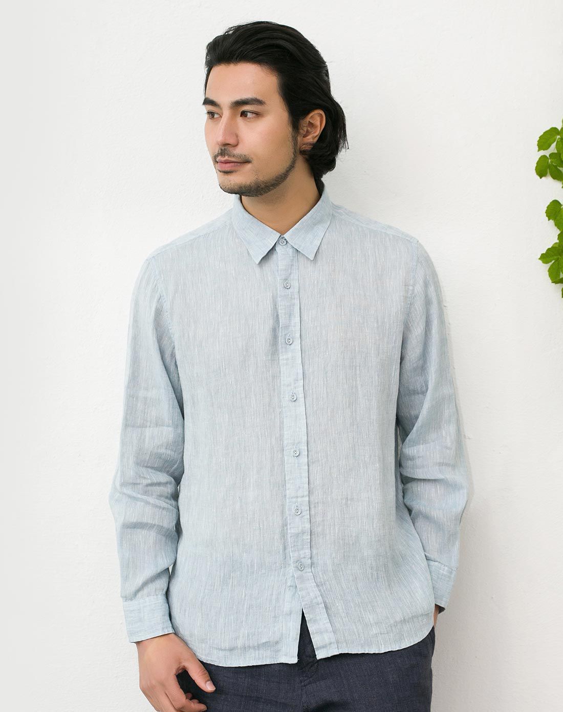 hanp/汉麻世家纯色亚麻衬衫男时尚修身衬衫 青年商务长袖衬衫男