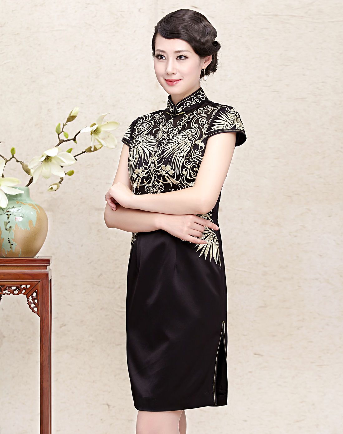 今典女款黑色真丝绣花旗袍q53099999_唯品会