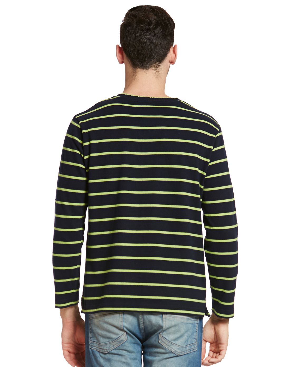 男藏绿条彩条棉毛v领长袖男衫