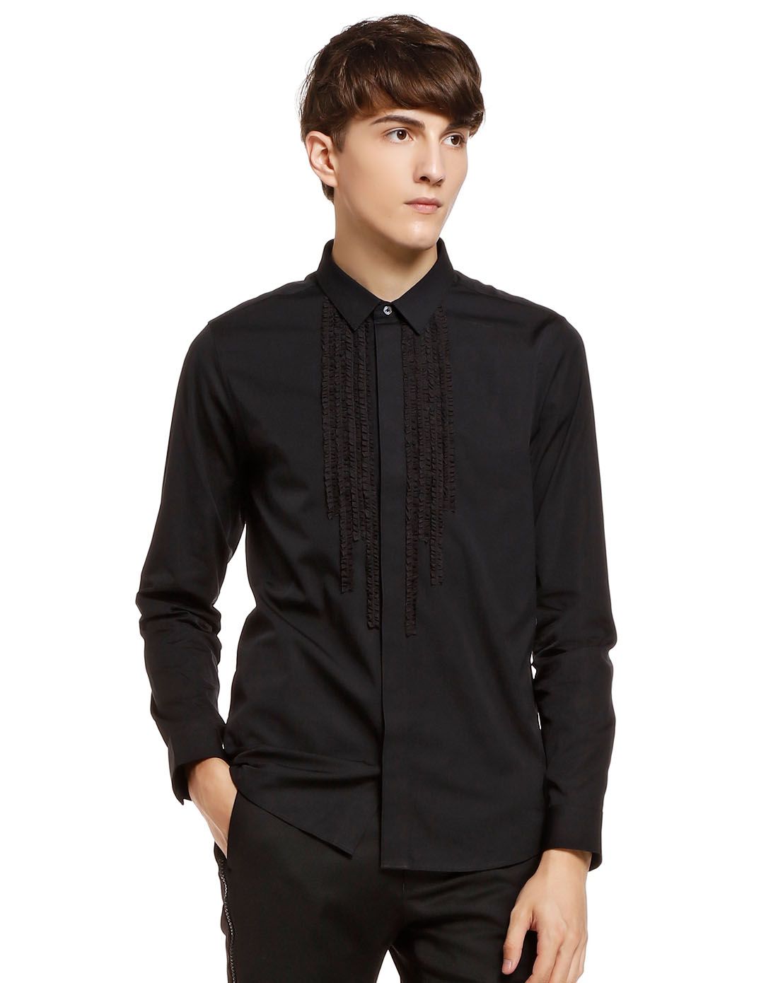 5cm男款黑色时尚斯文百搭长袖衬衫