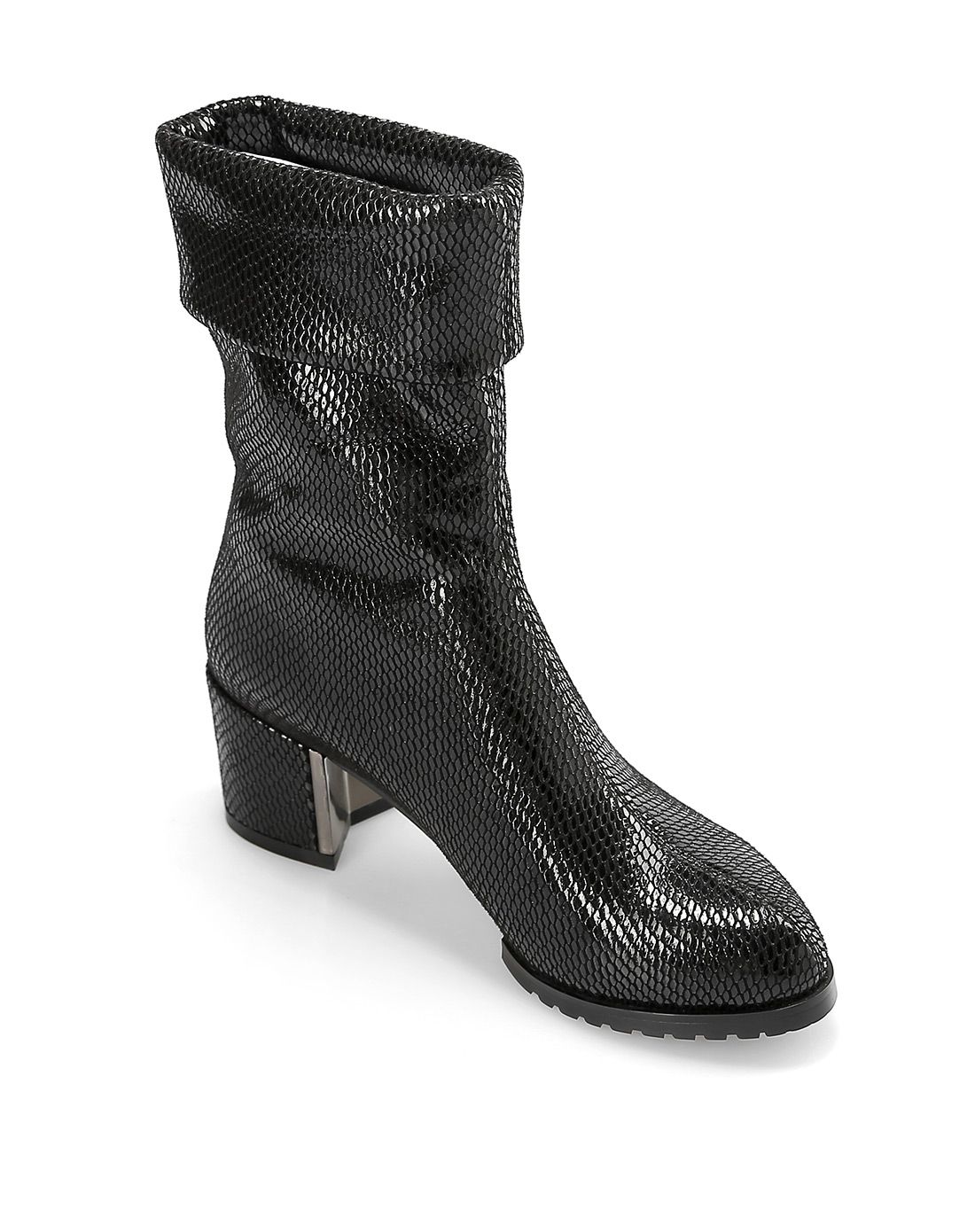 新款百搭柔软蛇纹黑色弹力布靴子