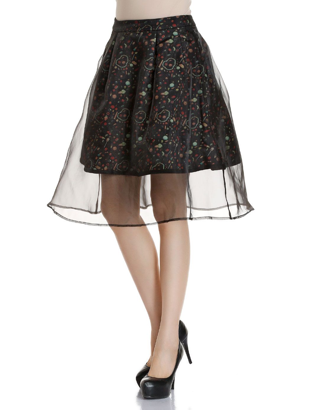 jessy line黑/多色印花双层时尚裙子44061268478_唯品会