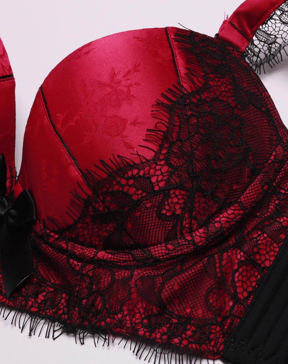 贵妃情缘酒红色印花缎面蕾丝集中聚拢调整型文胸套装