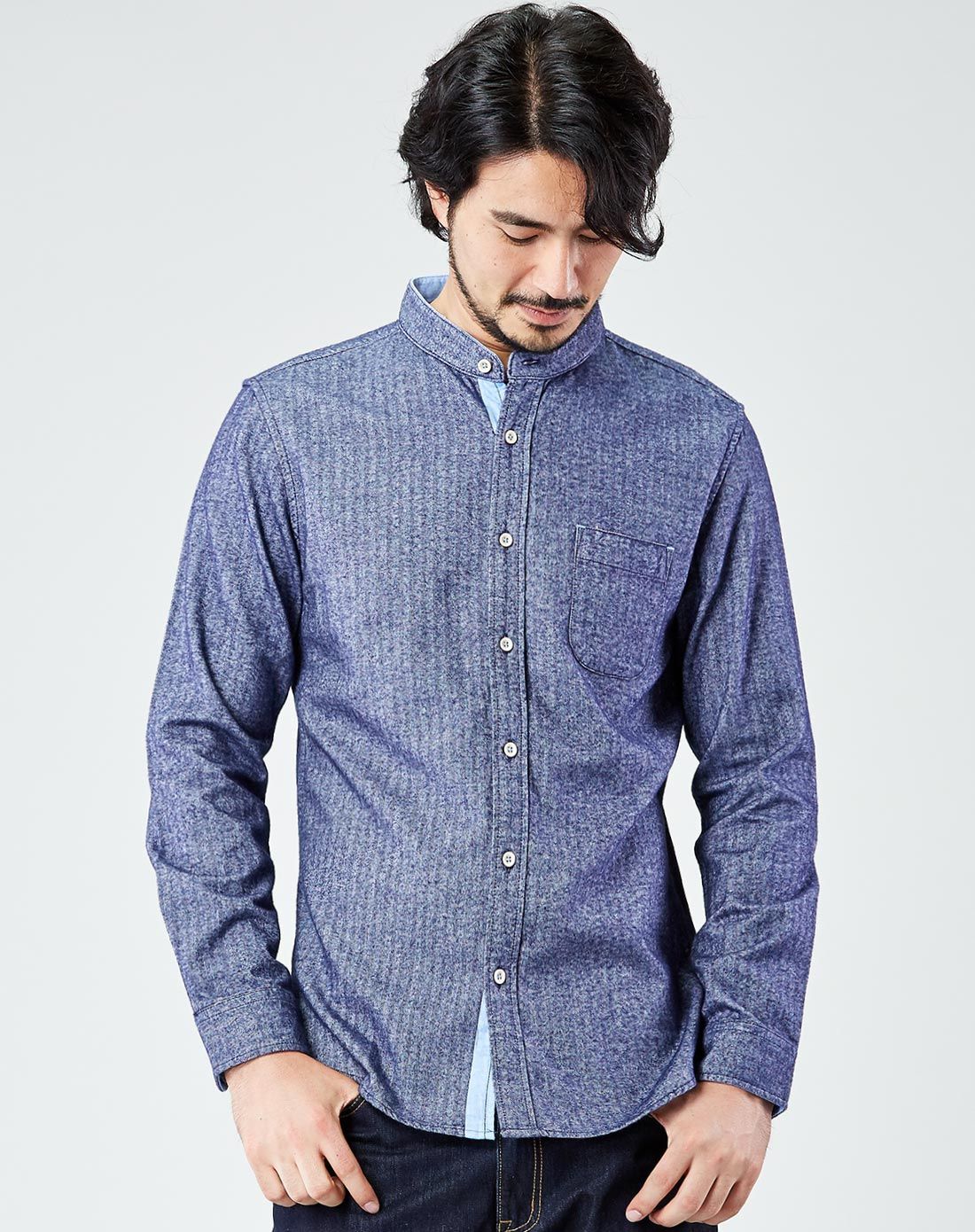 纯棉小立领人字纹长袖衬衫