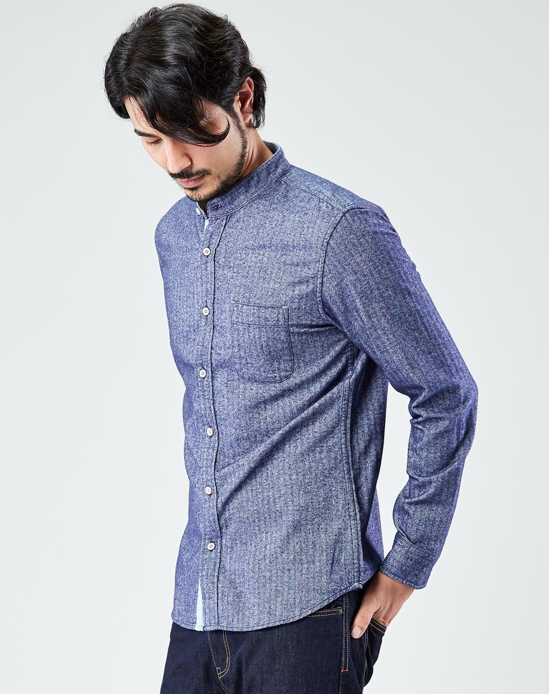 纯棉小立领人字纹长袖衬衫