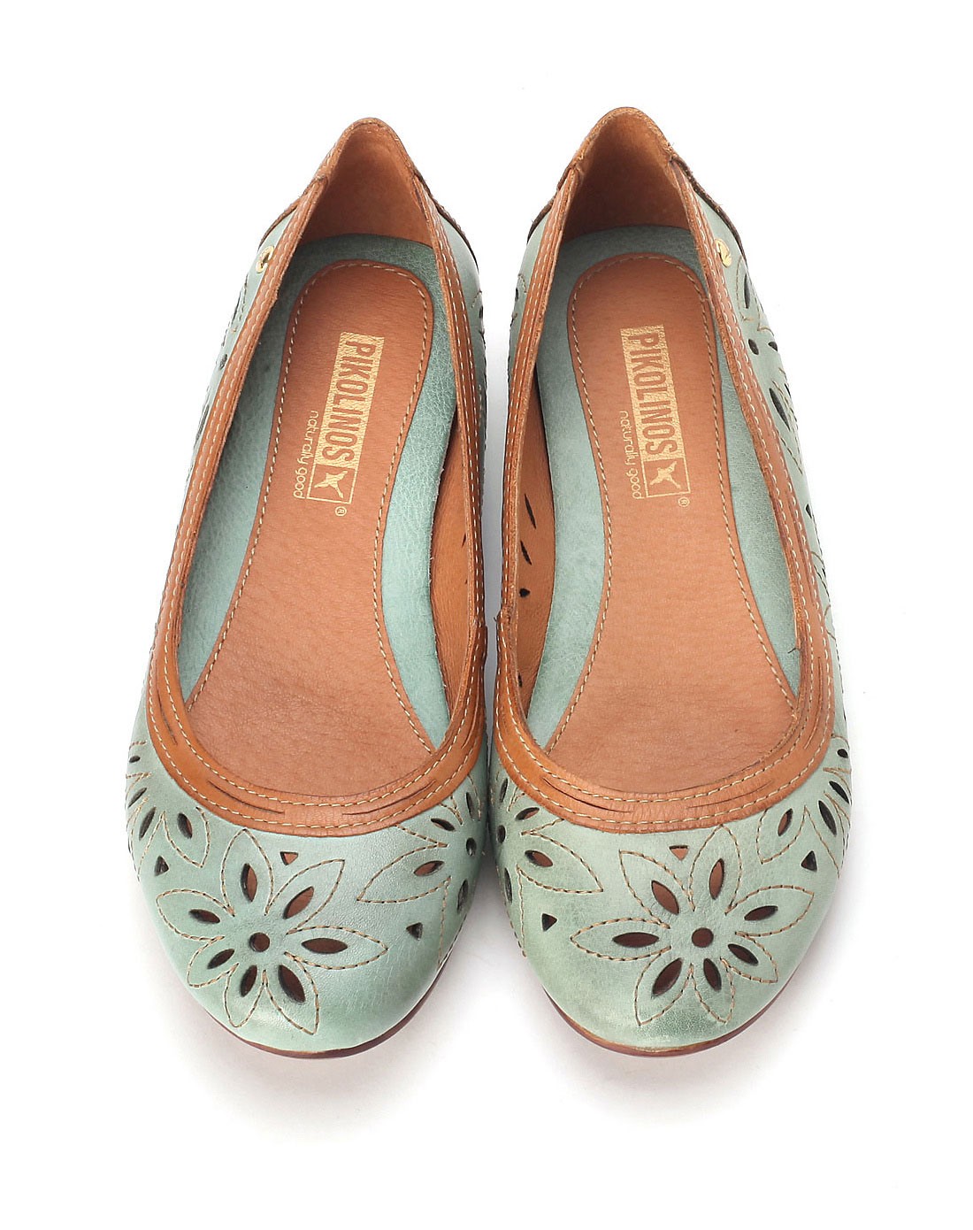 派高雁休闲海蓝色头层牛皮镂空圆头女式单鞋