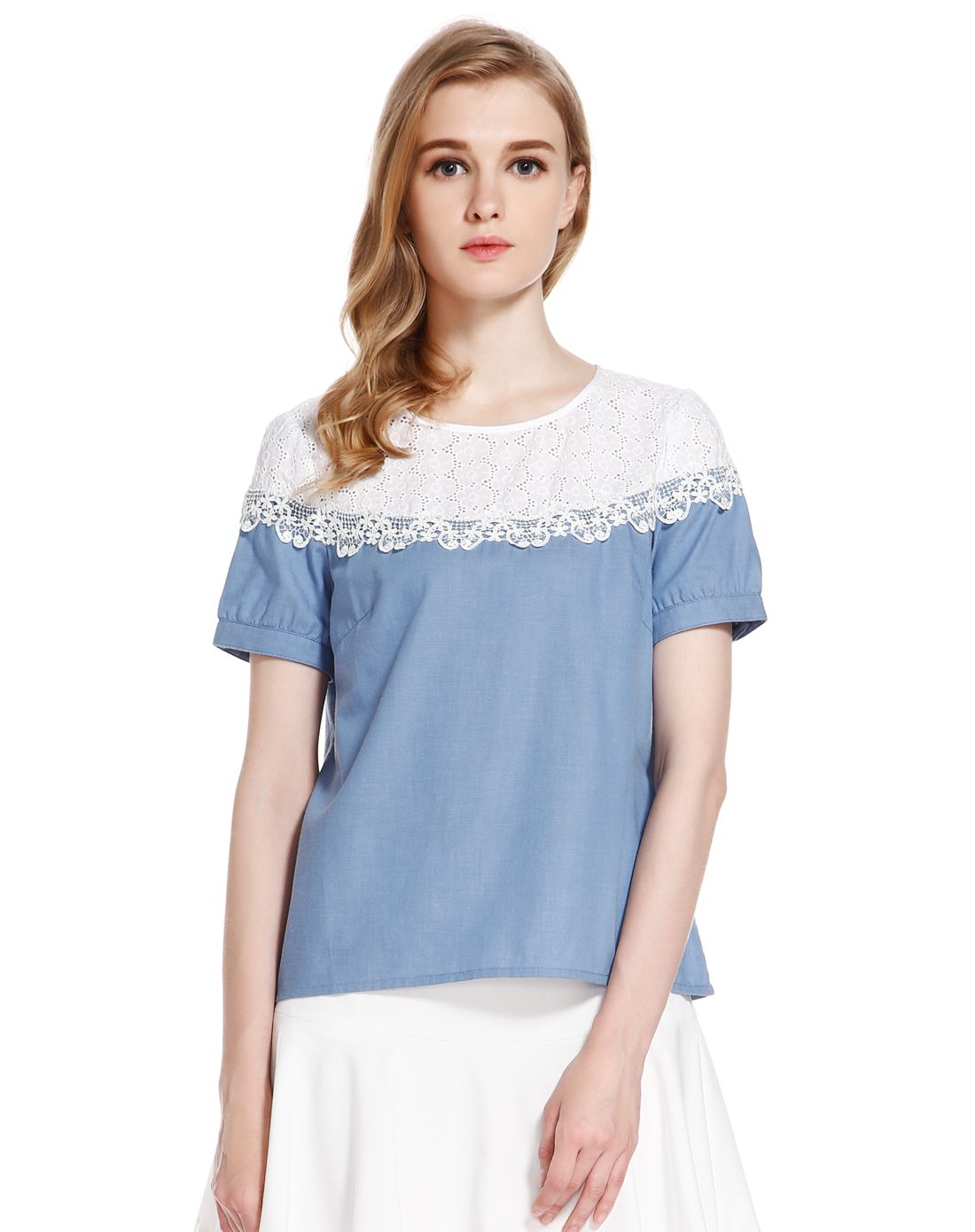 白/蓝色淑女拼接短袖上衣