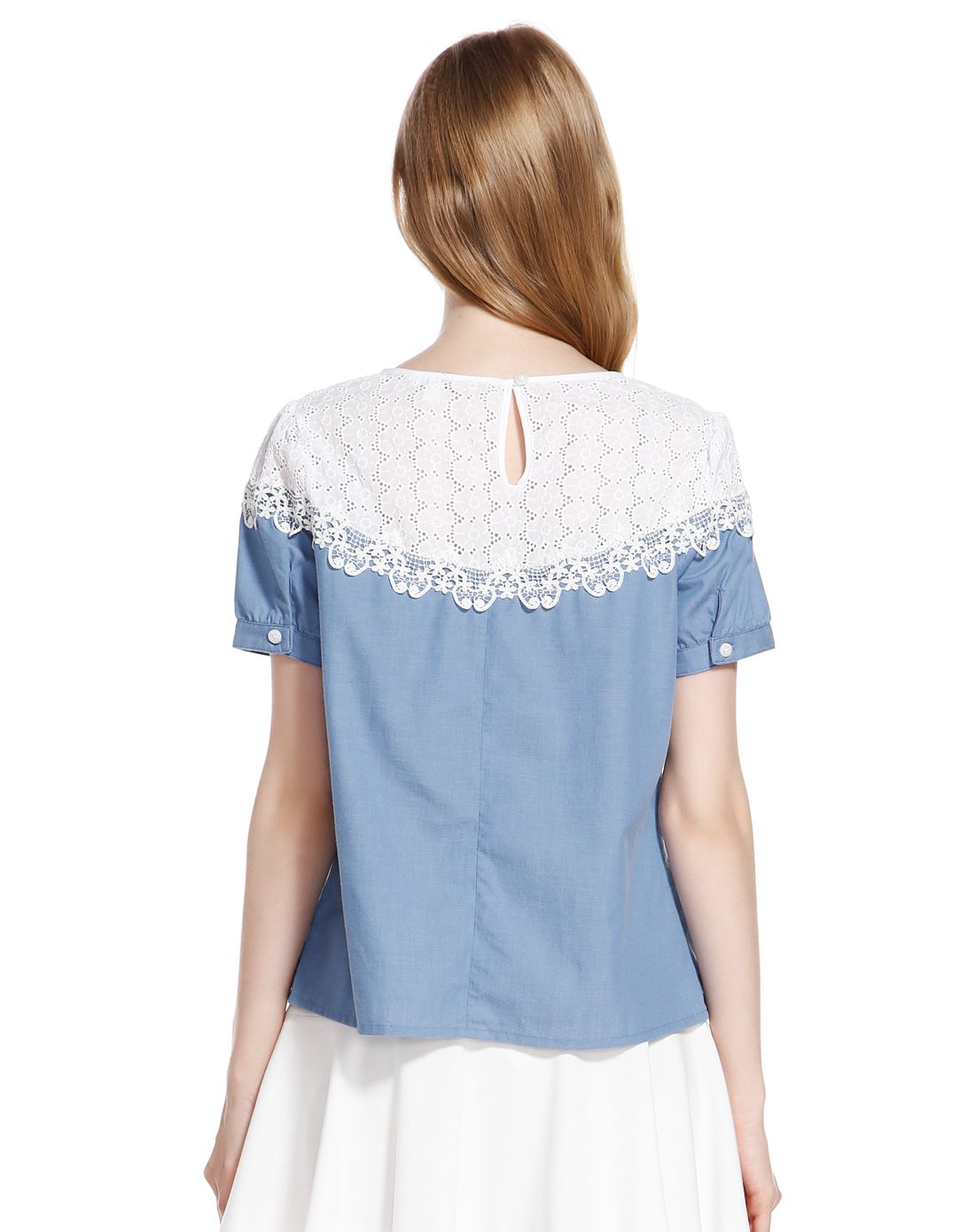 白/蓝色淑女拼接短袖上衣