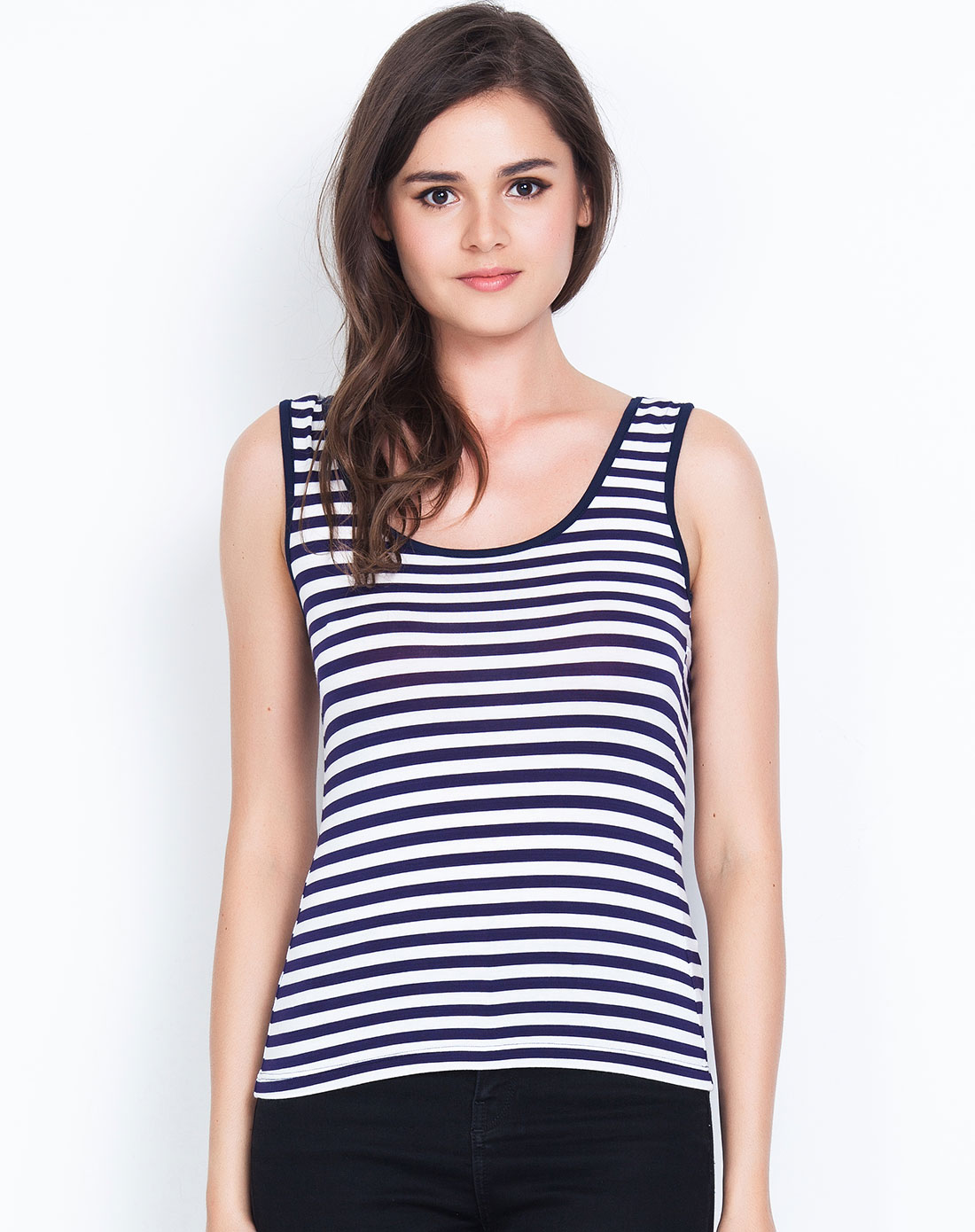 女士蓝白条色女背心