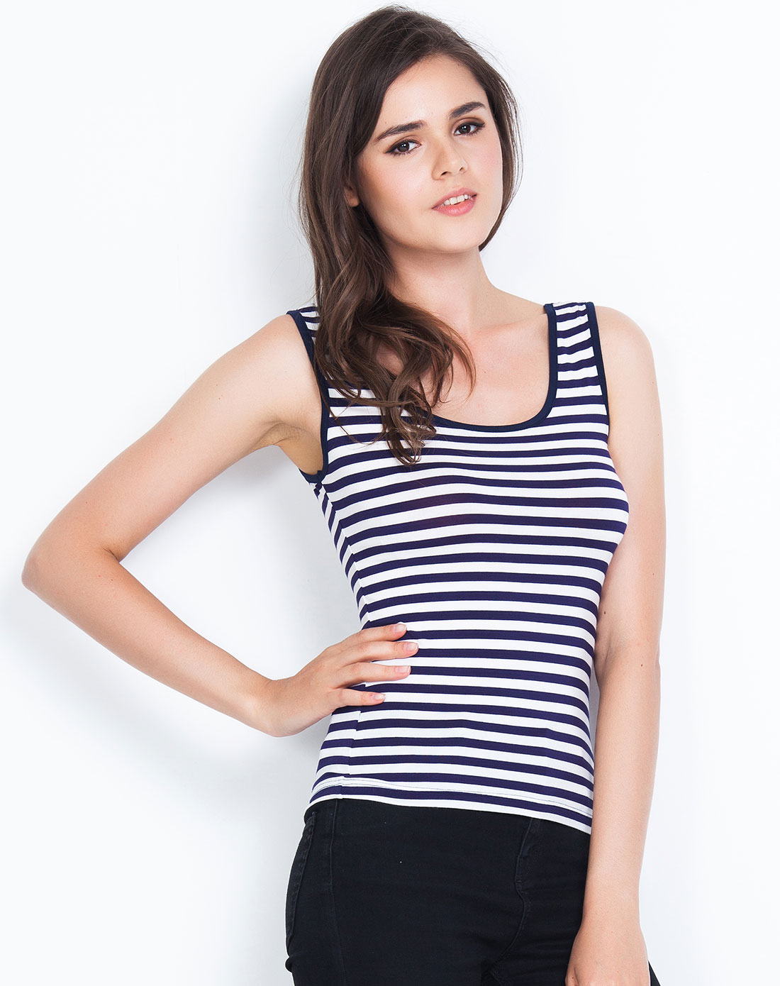 女士蓝白条色女背心