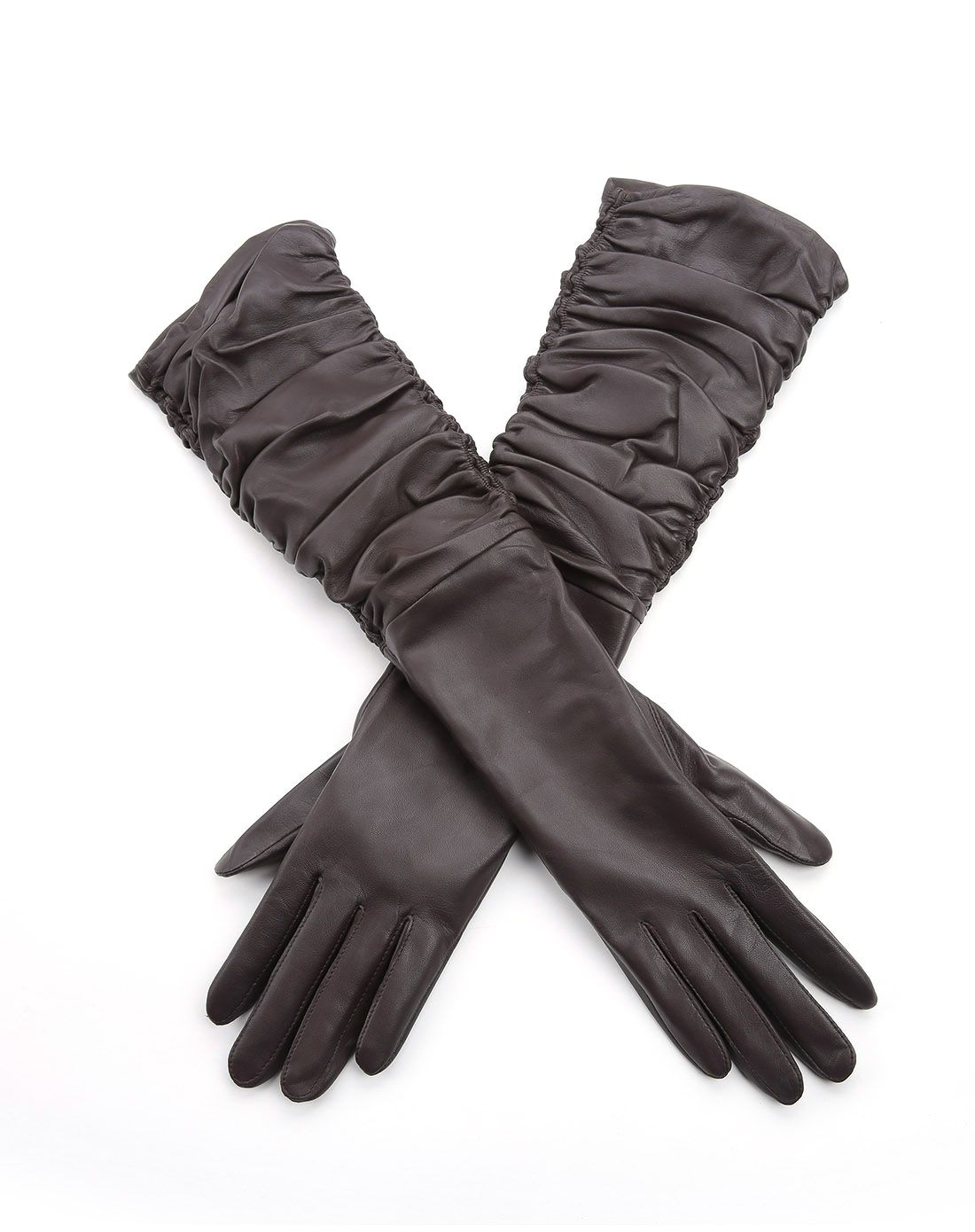 羊皮深咖啡色褶皱过肘长手套