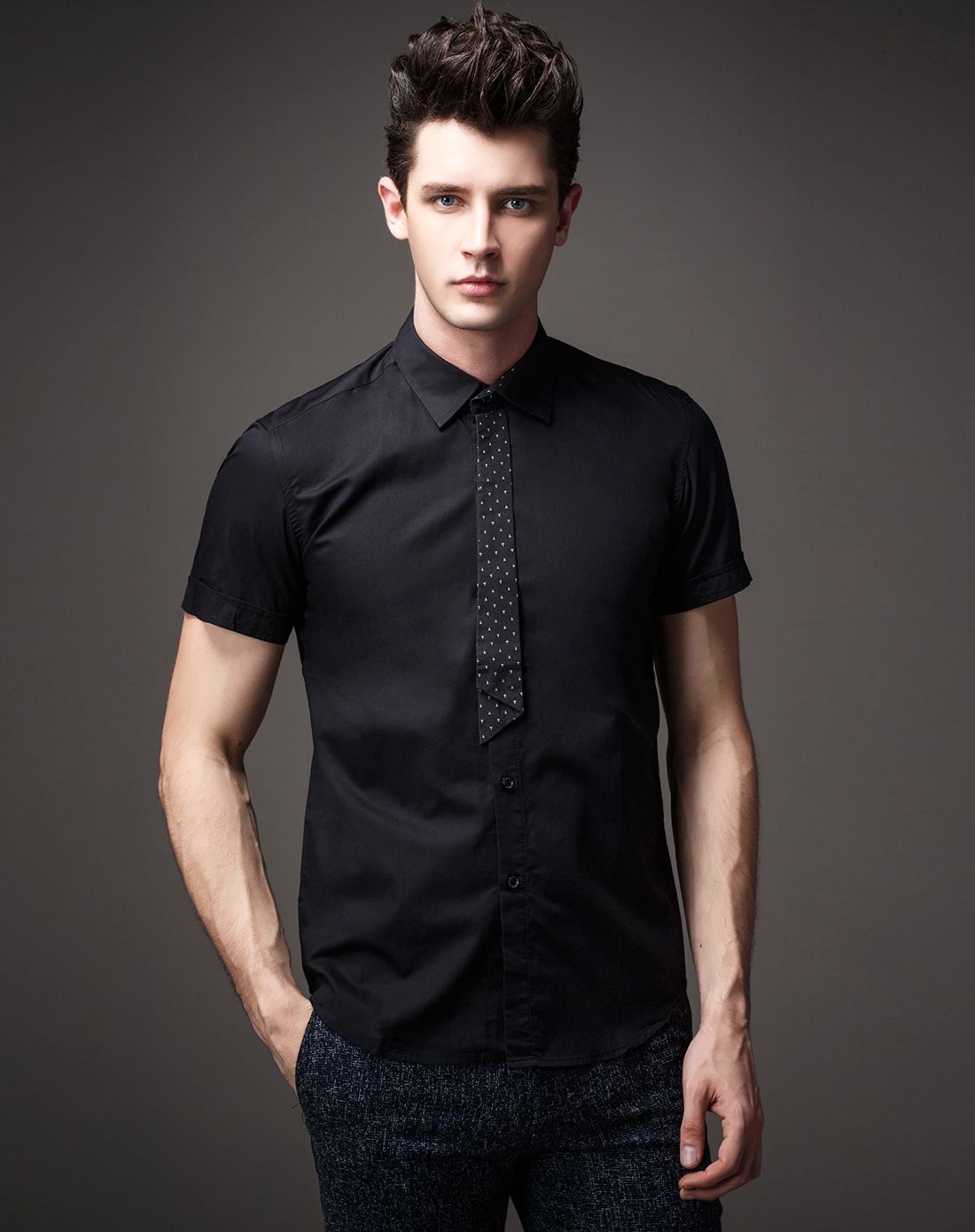 男士黑色经典小领带时尚短袖衬衫
