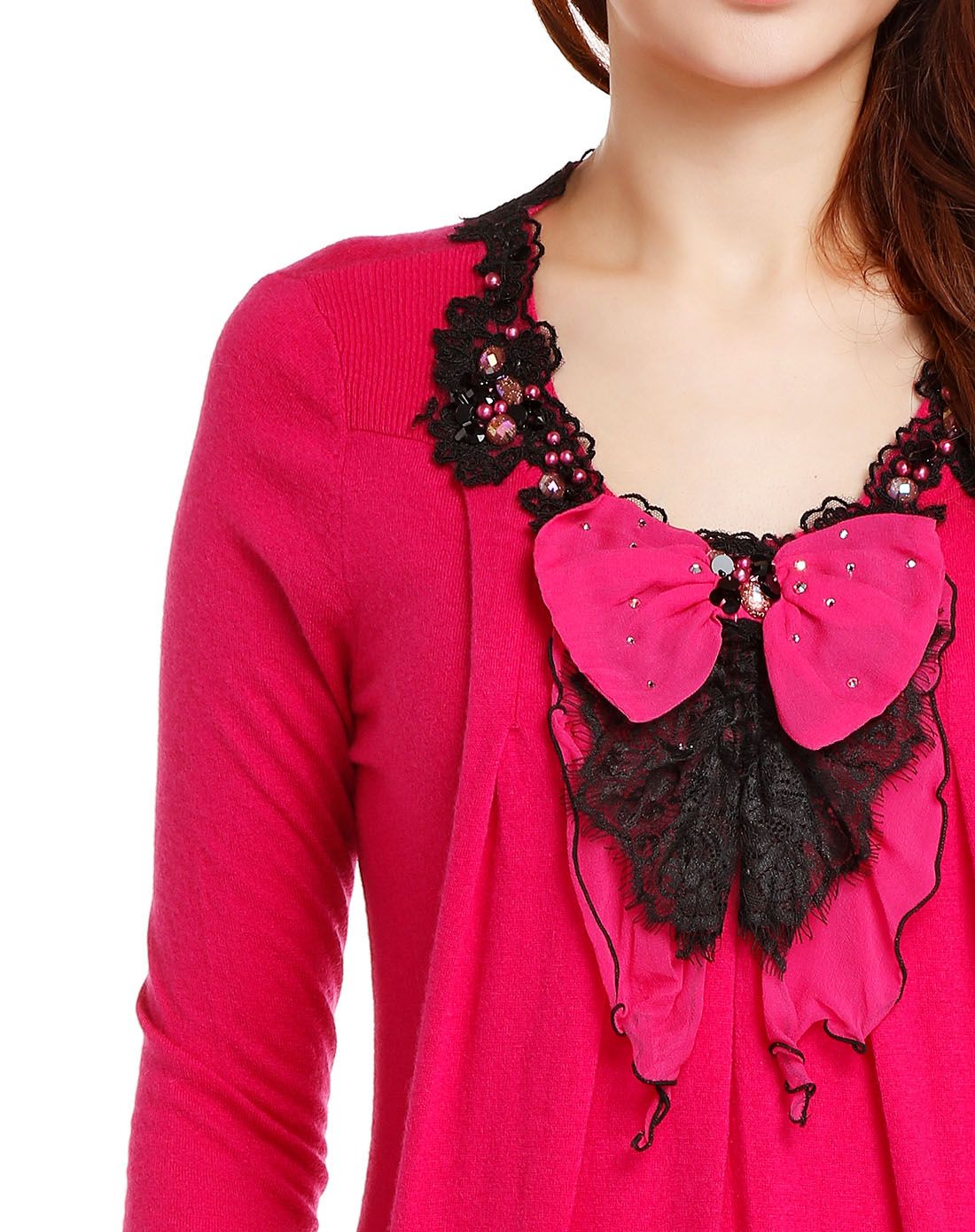 玫瑰传说rose story羊绒专场深玫红色淑女长款长袖针织衫rse88119-18