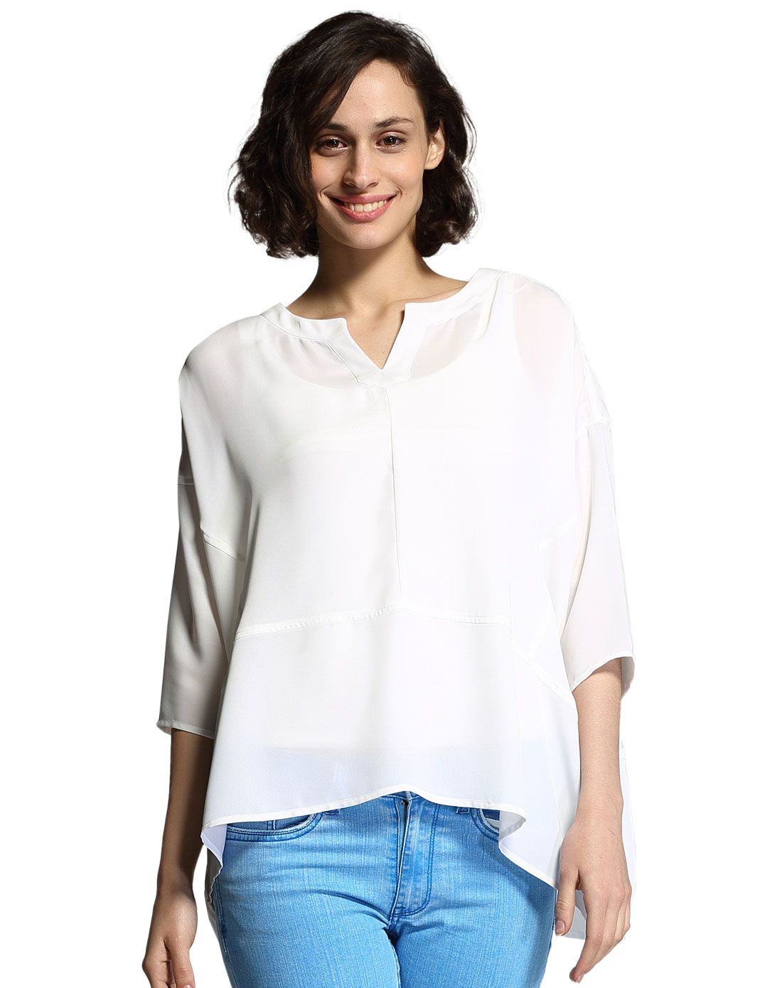 日光白宽松型v字开领七分袖雪纺衫