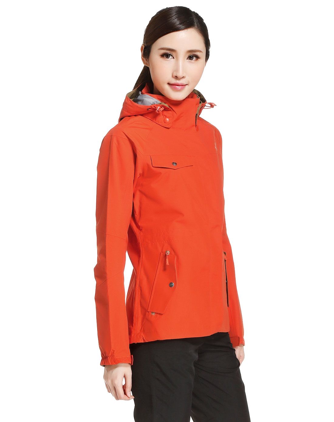 防水透气 女款亮桔红色单冲锋衣 连帽长袖