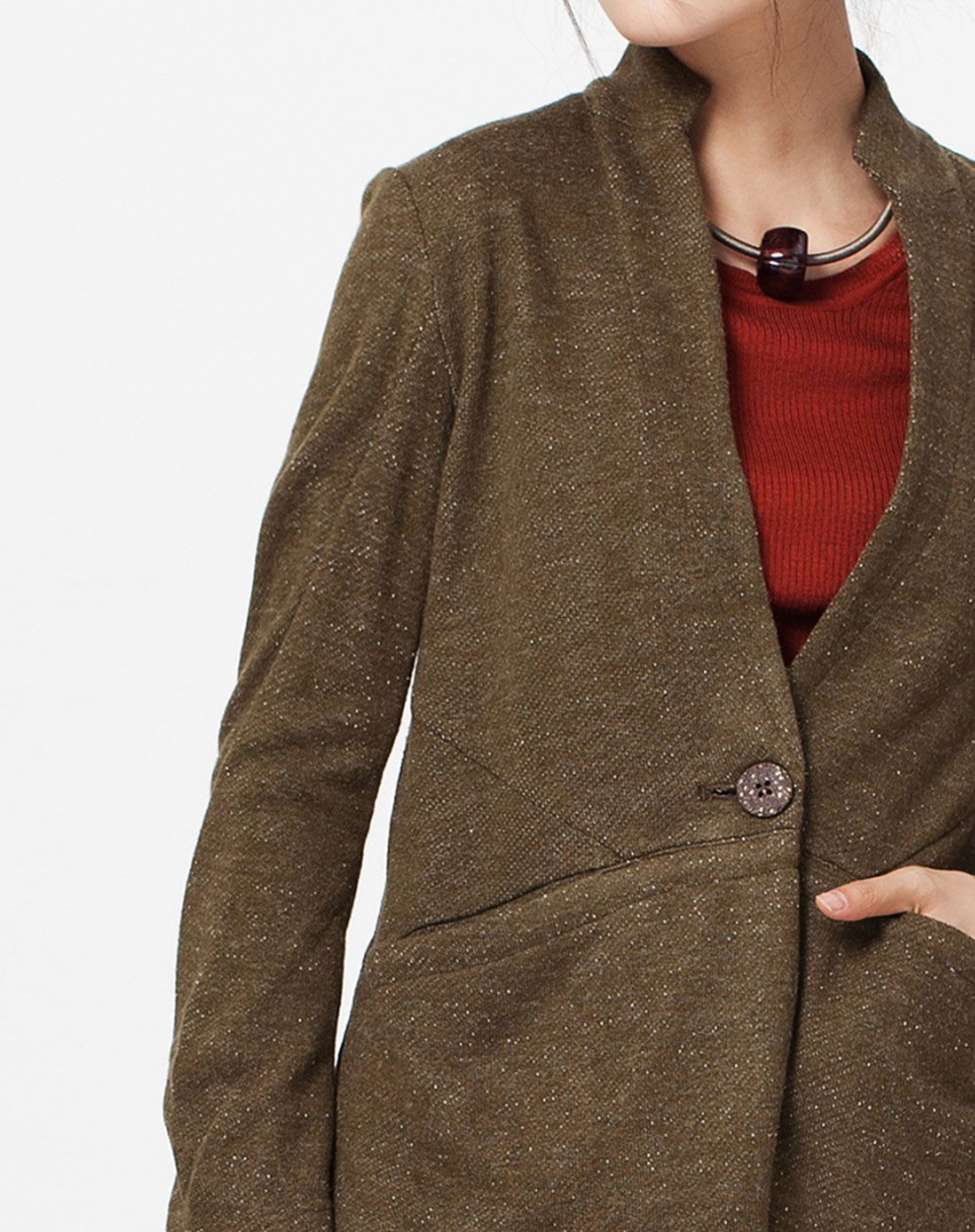 冷咖色修身西装领短款外套