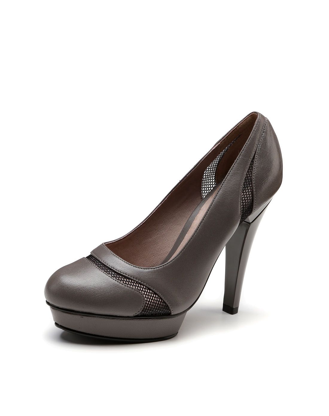 汤普葛罗集团旗下女鞋碳灰色拼黑色用圆头时尚浅口粗跟超高跟单鞋