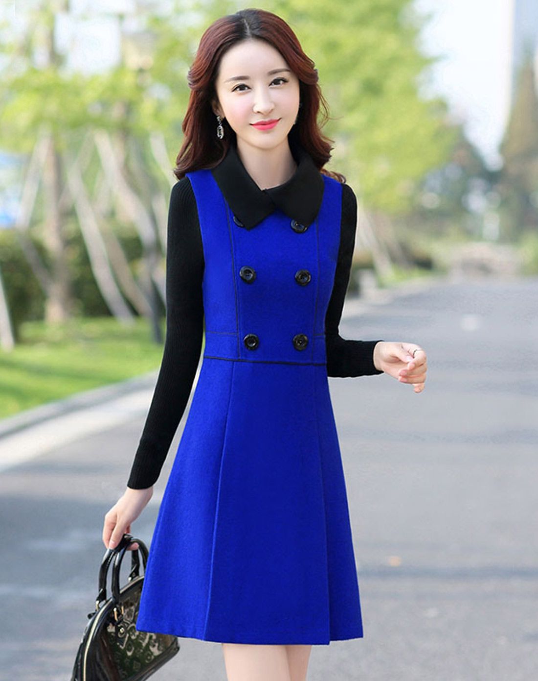 女宝蓝色个性拼接收腰显瘦连衣裙