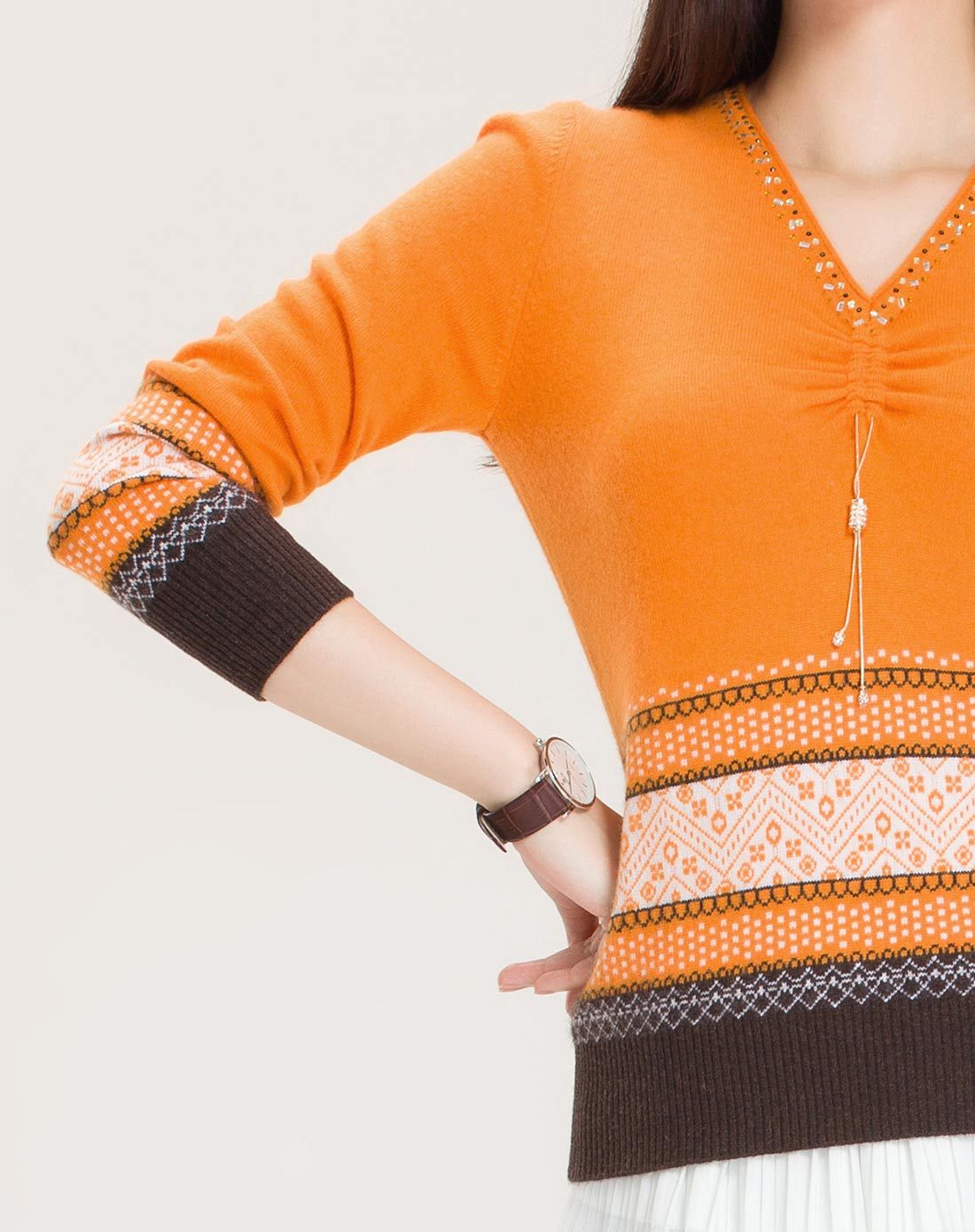 女黄色山羊绒v领提花套衫