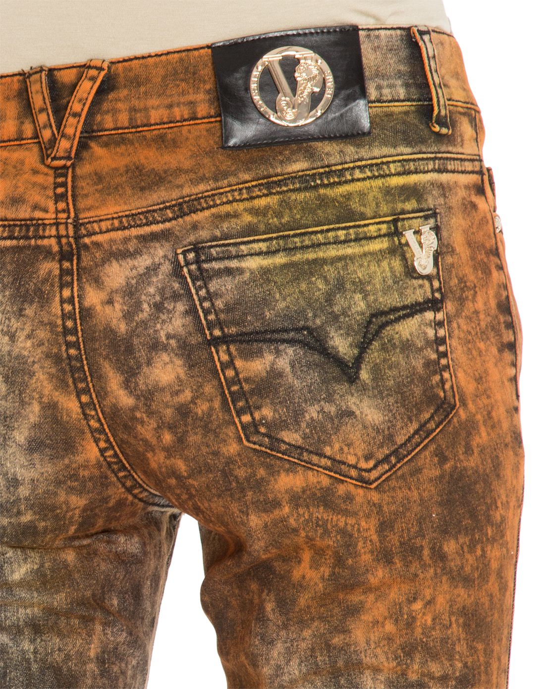 versace jeans女款铜锈色做旧修身中腰牛仔长裤