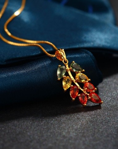 > 18k金饰彩蓝宝石镶嵌叶子造型女士吊坠(赠银链)