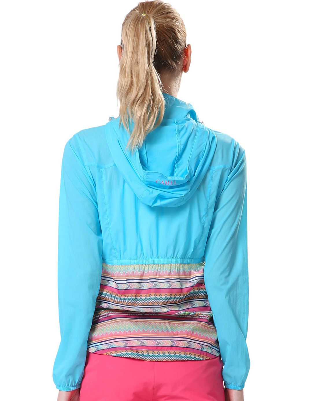 民族印花图案快干连帽 女款青色皮肤衣(含收纳袋)