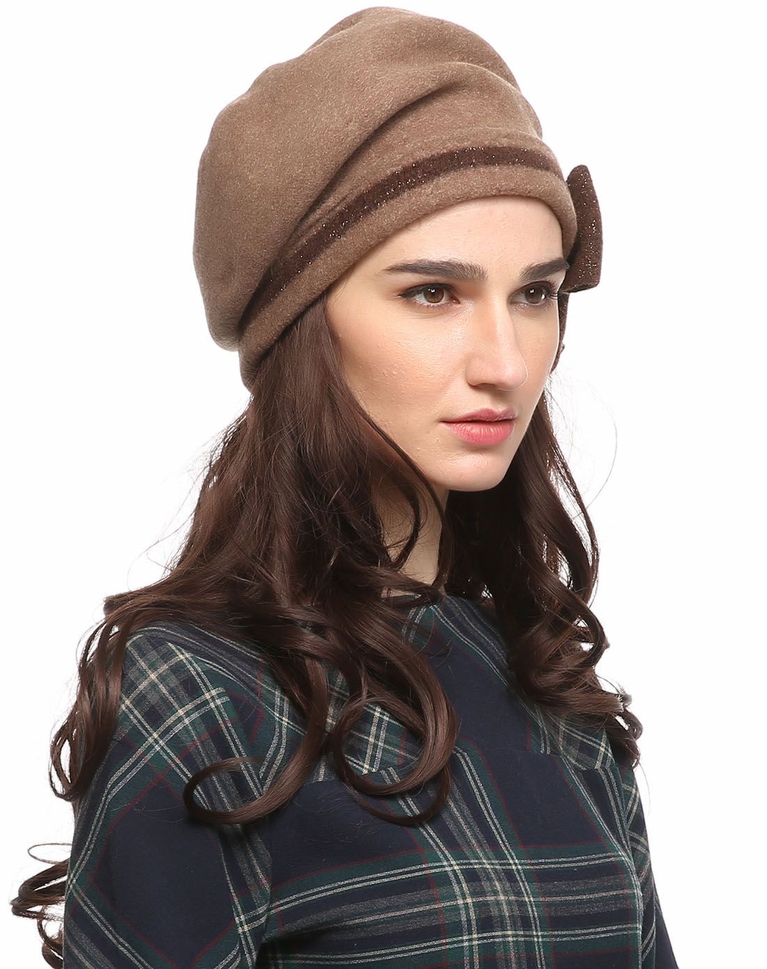 全羊毛蝴蝶结咖啡色软帽