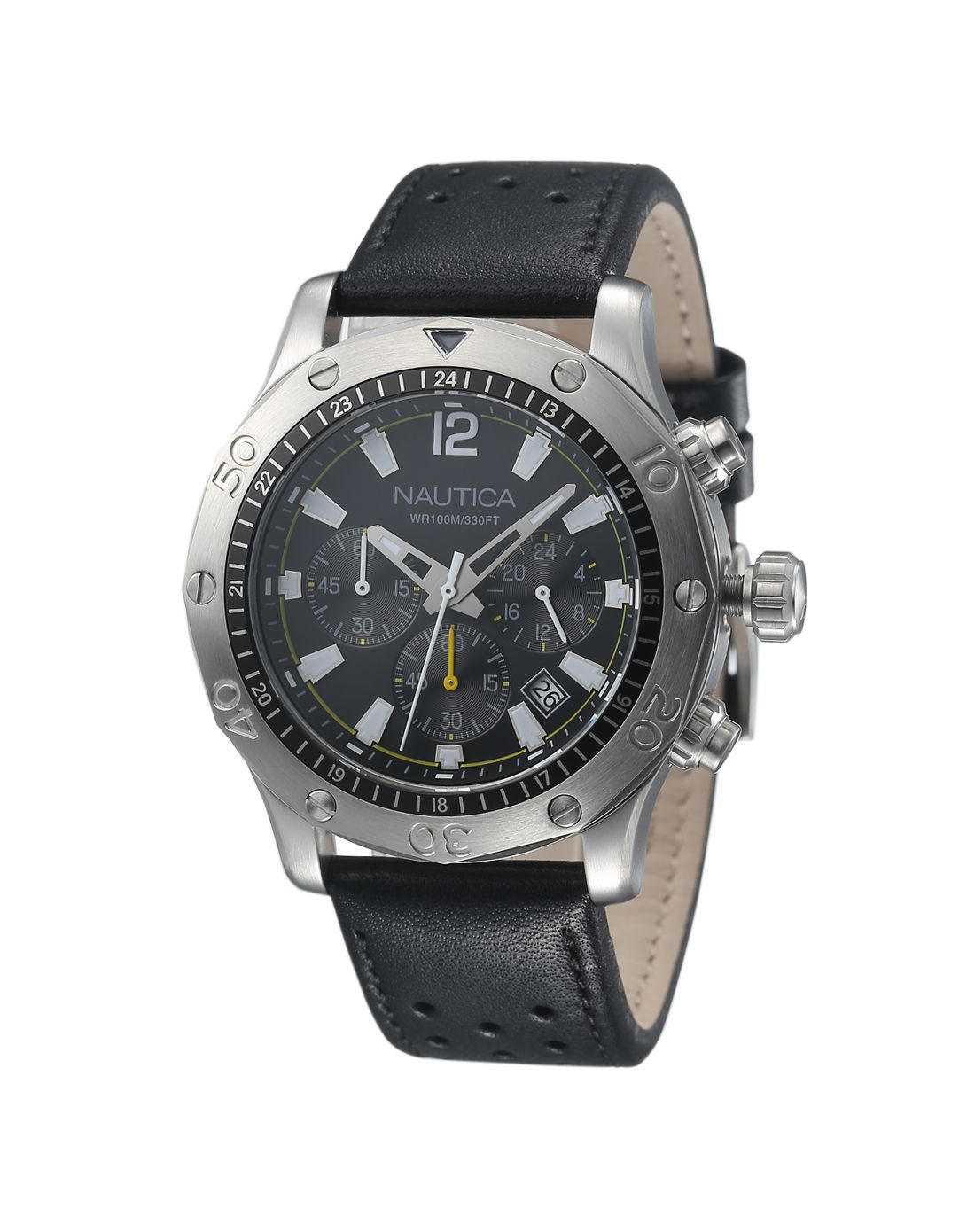 诺帝卡nautica男款黑色小牛皮表带黑盘三眼计时手表nad16544g