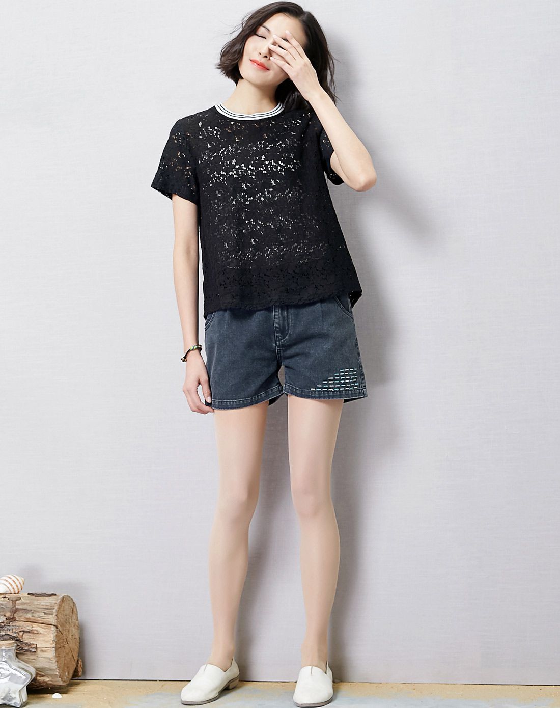 森宿sams tree女装专场 【夏新款】米粒 复古米粒刺绣水洗牛仔裤