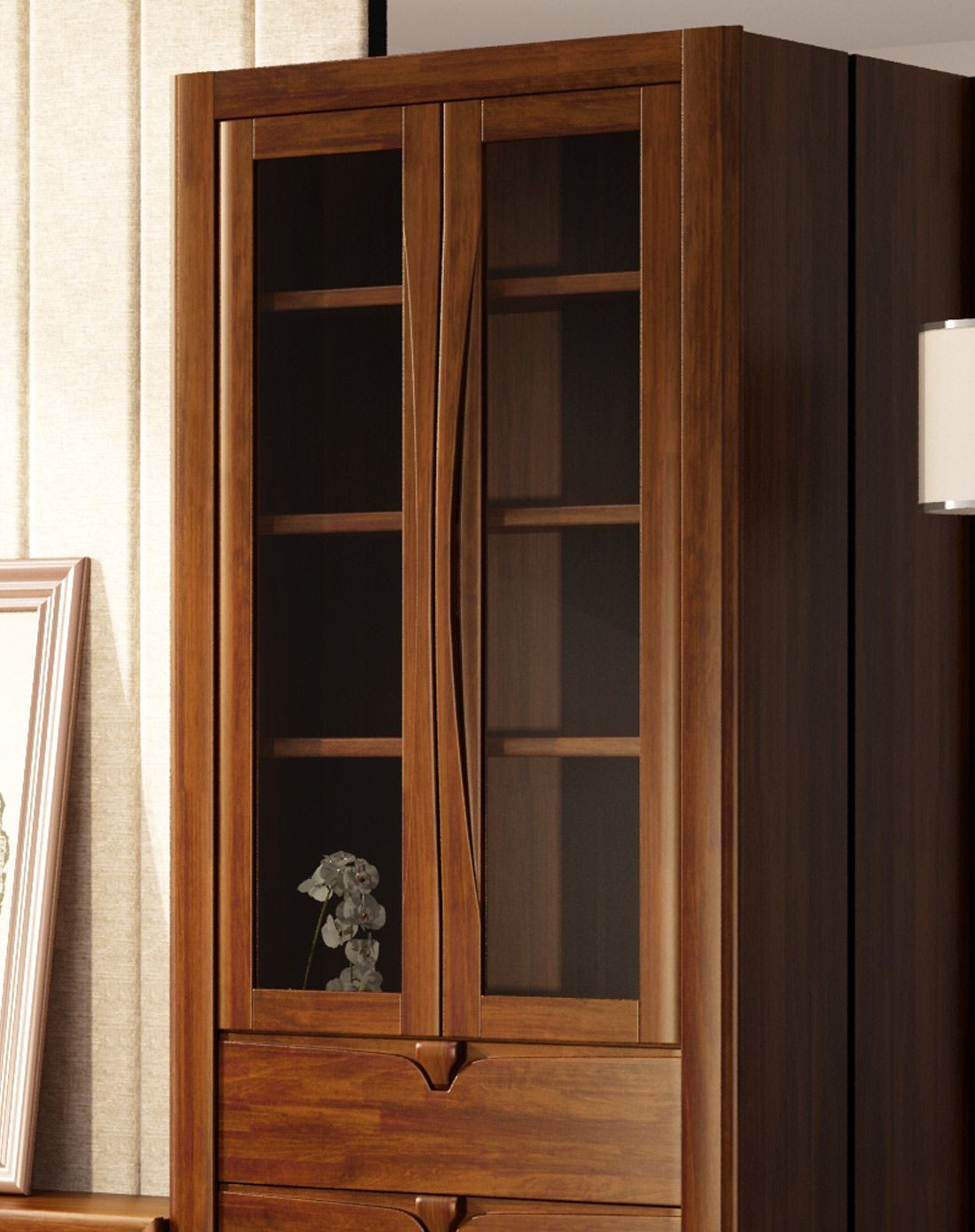 华日家居胡桃楸木实木带抽屉两门书柜