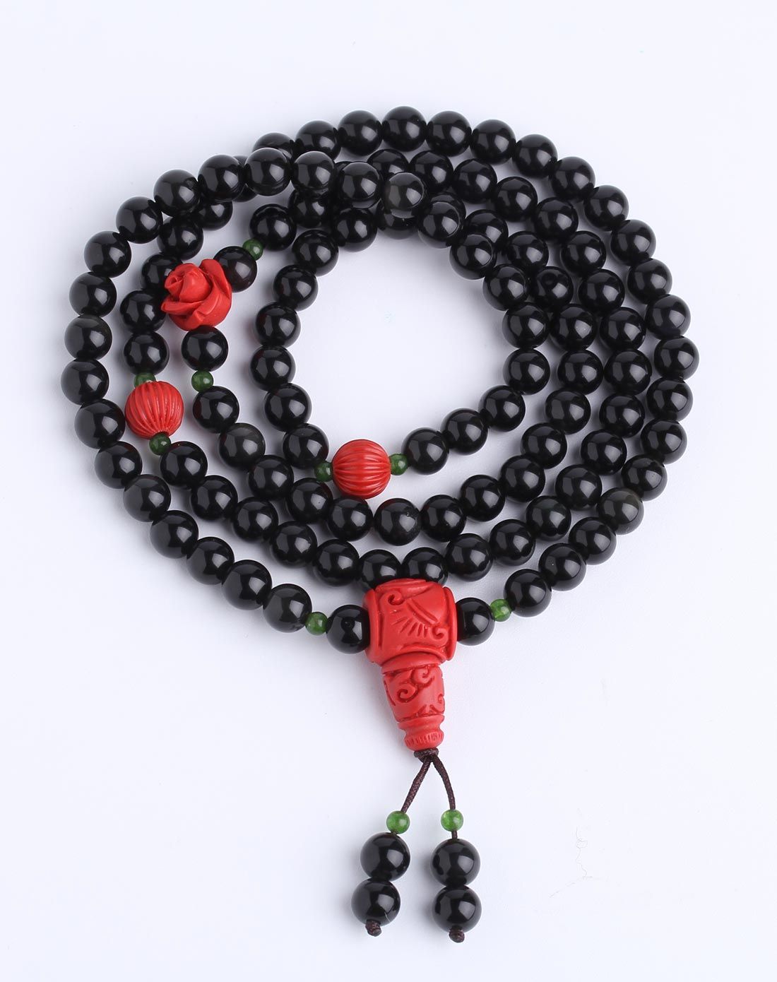 天然黑曜石朱砂四圈佛珠手链