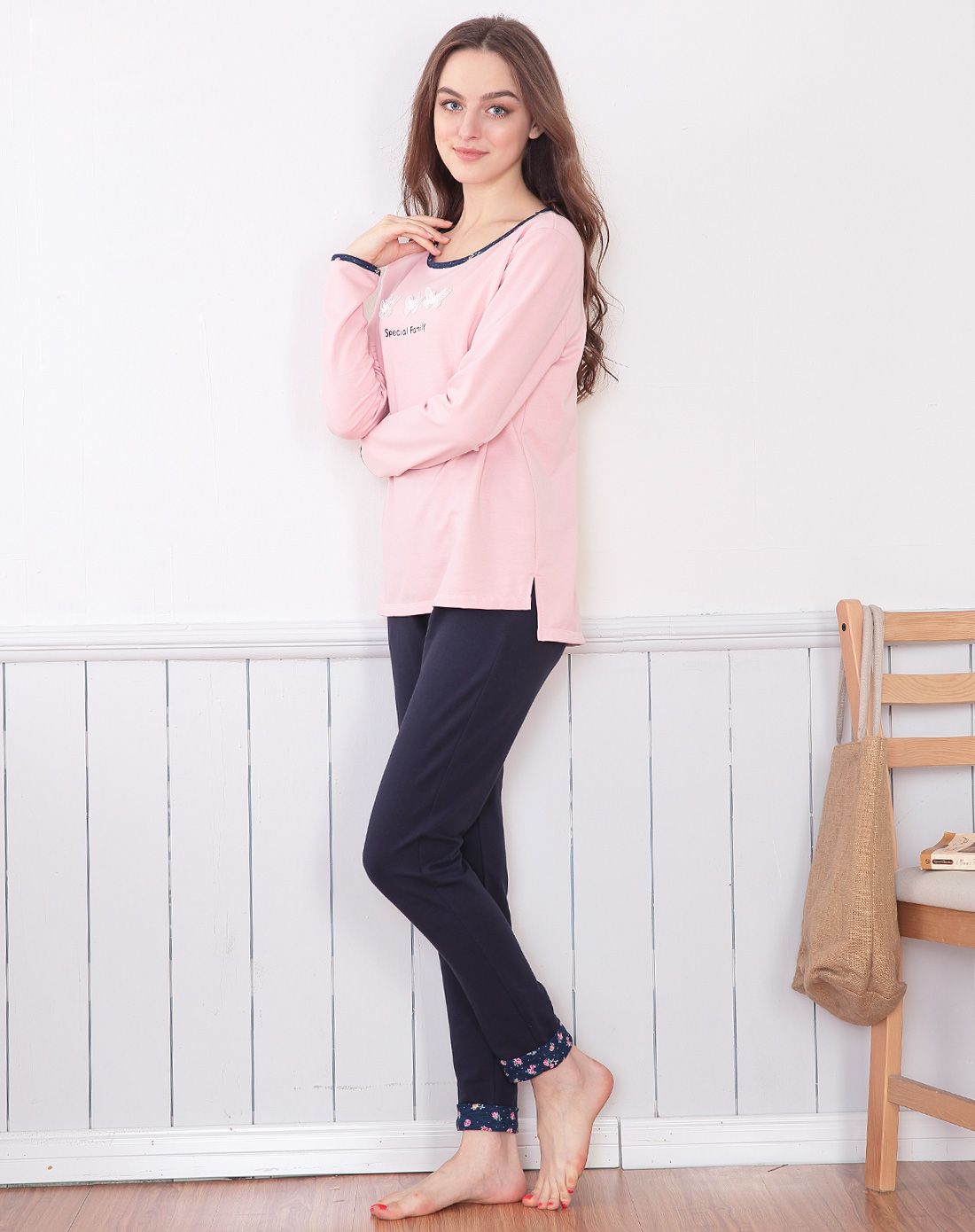 红豆居家女式豆沙色针织休闲居家服套装