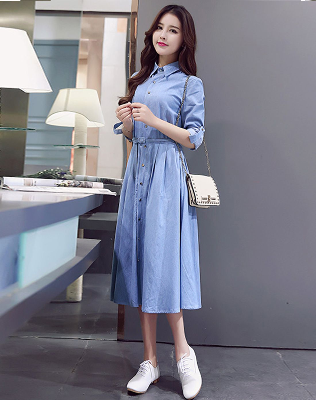 女浅蓝色气质纯色百搭连衣裙(配腰带)