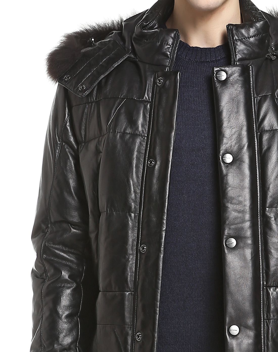 blackgateone黑色连帽时尚长袖皮羽绒服b31444199_唯品会