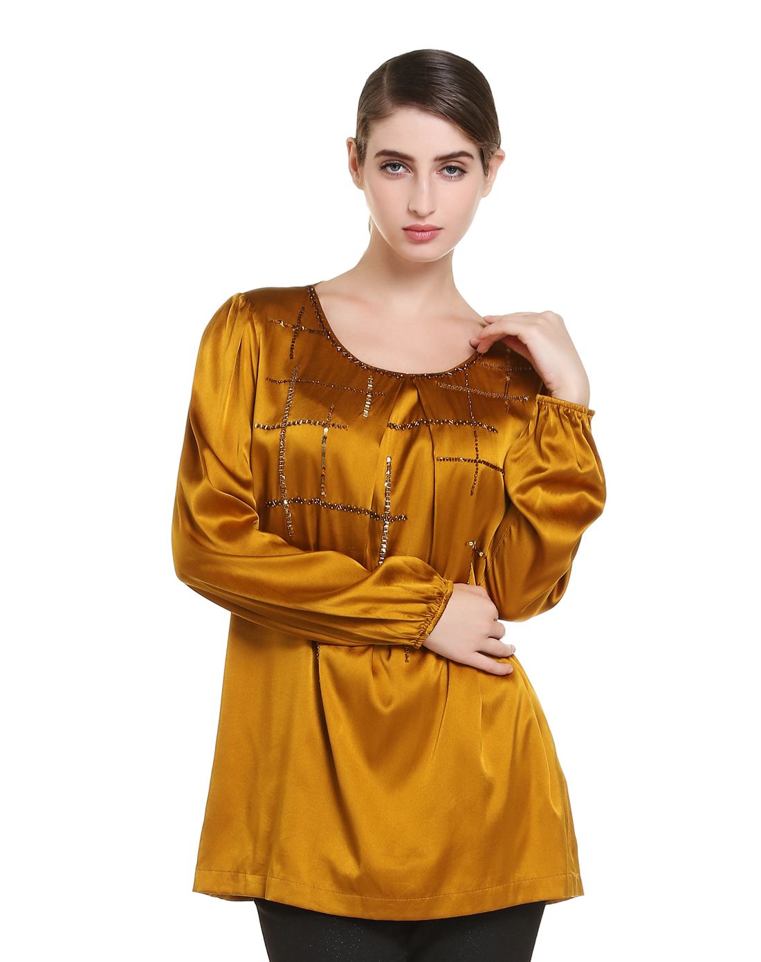 深桔黄色钉珠时尚百搭长袖中长款上衣