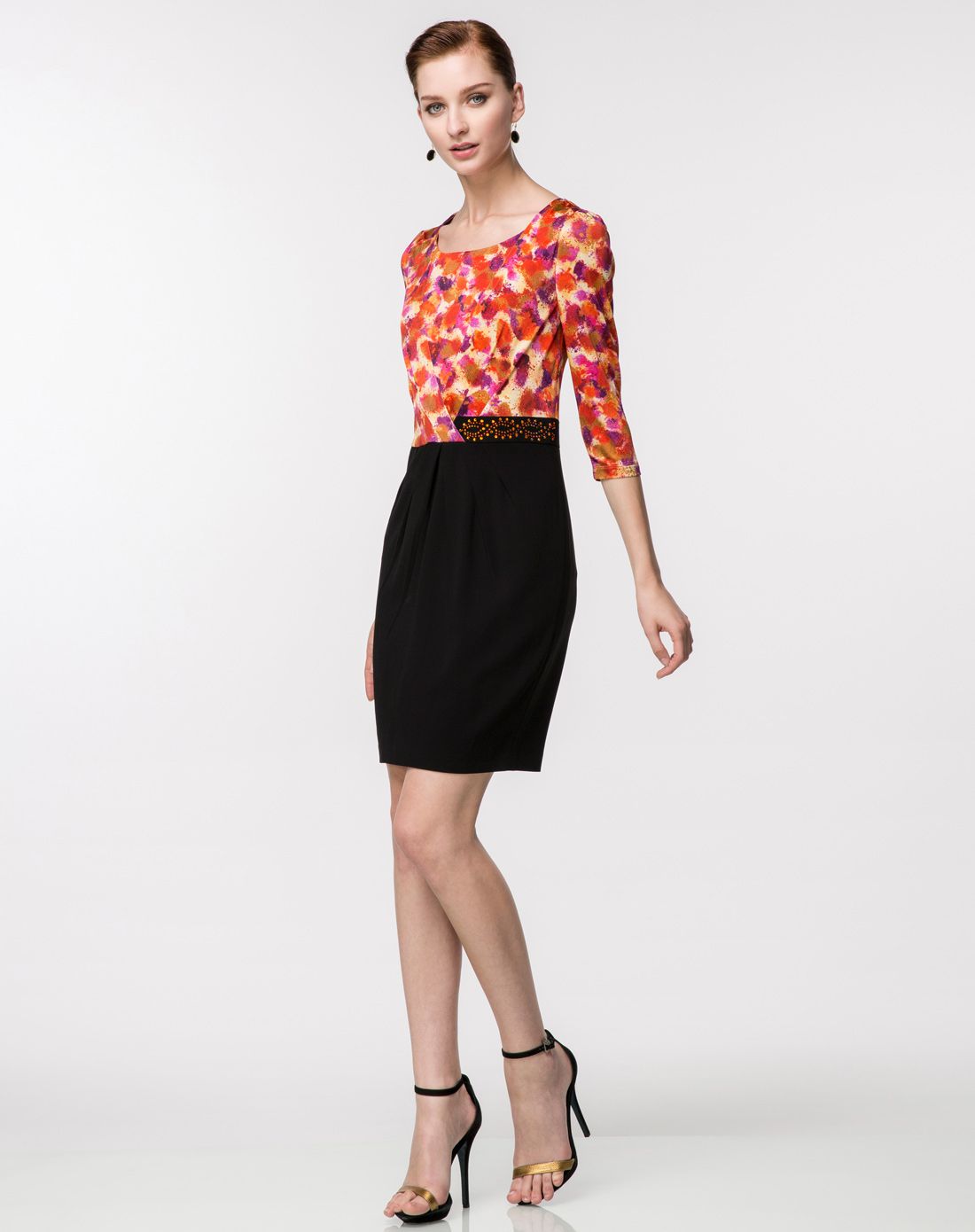 路逸沙·美louisa m女装专场 橘红/黑拼色优雅七分袖连衣裙