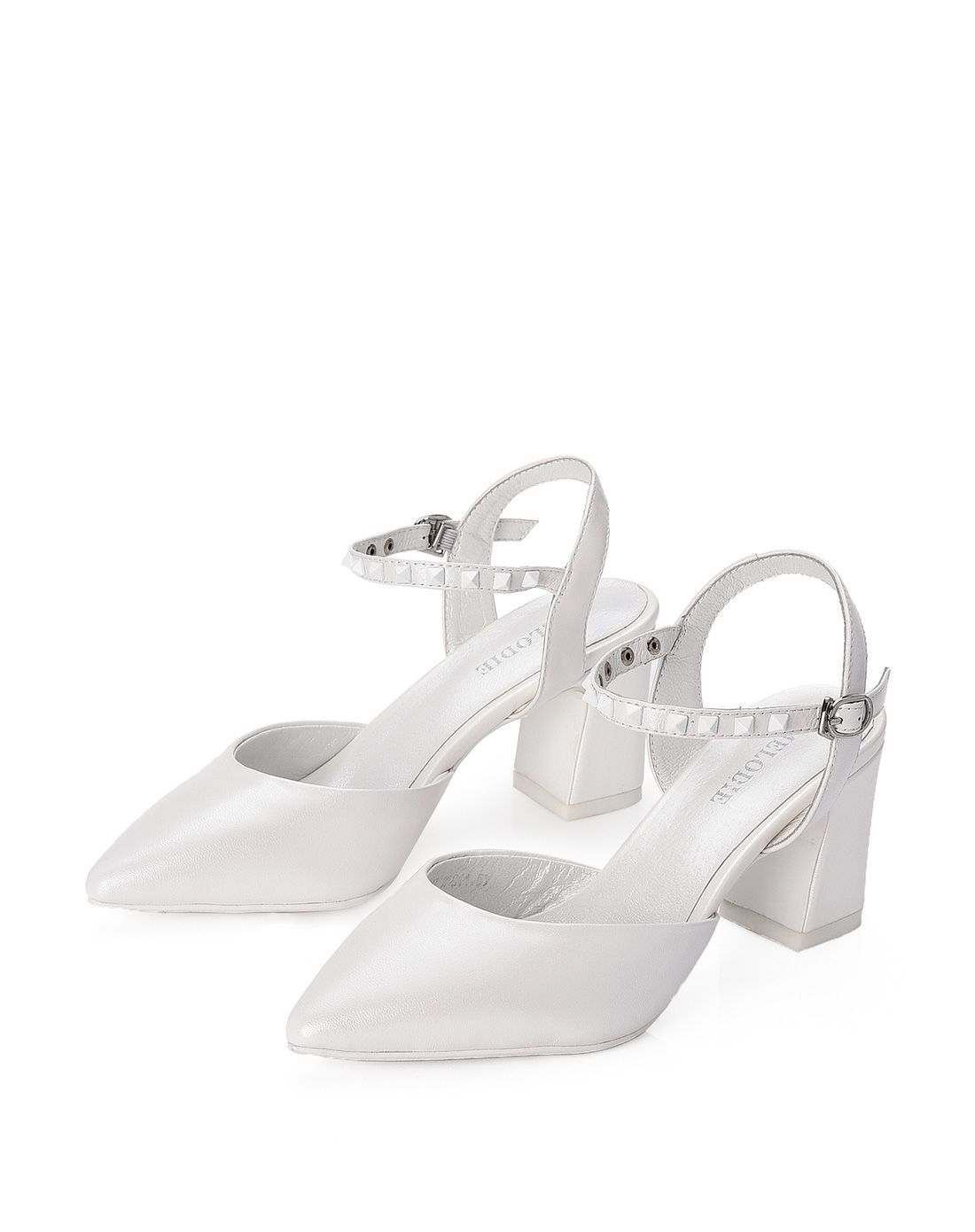 里外全皮白色羊皮尖头粗跟凉鞋