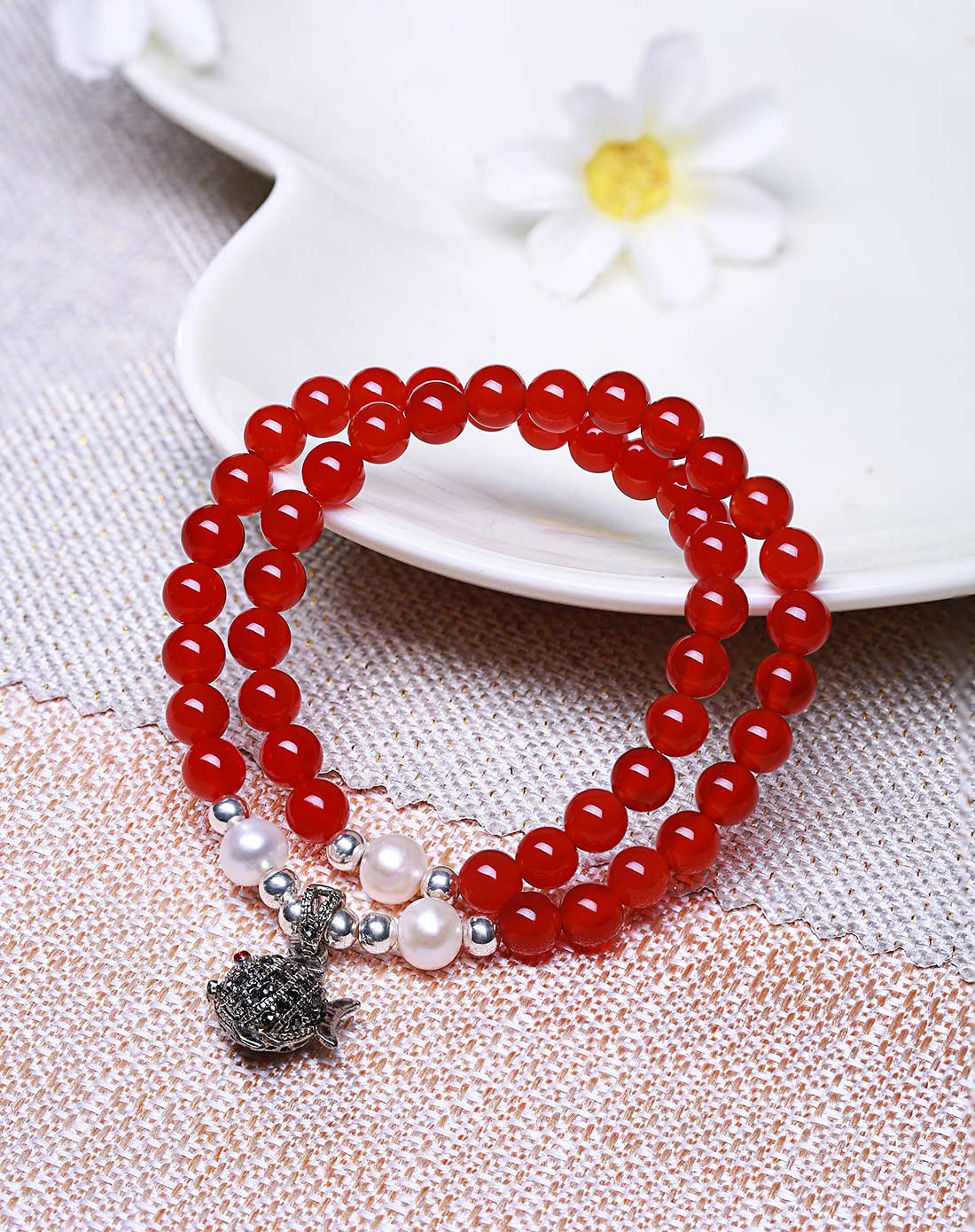 天然红玛瑙珍珠手链