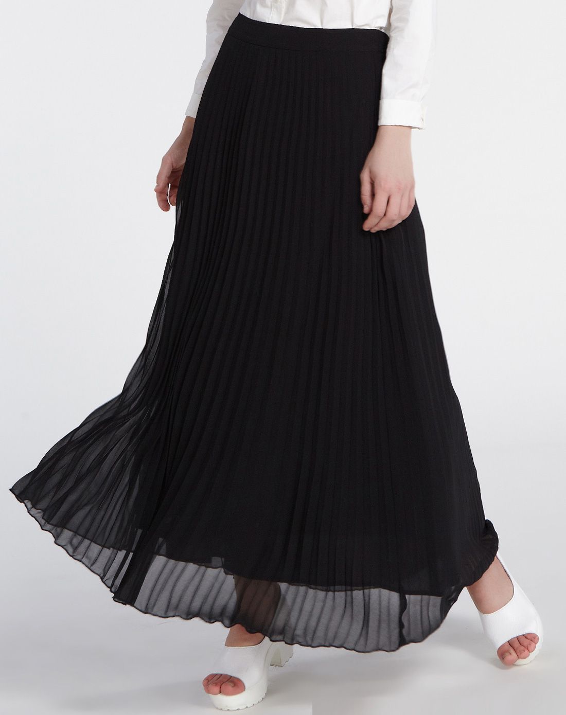 黑色文艺a型百褶自然腰宽松雪纺半身裙