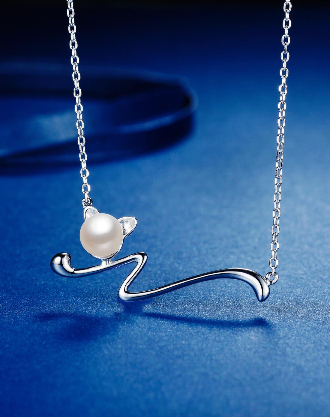 s925银镶天然珍珠项链猫咪byx073(附证书)