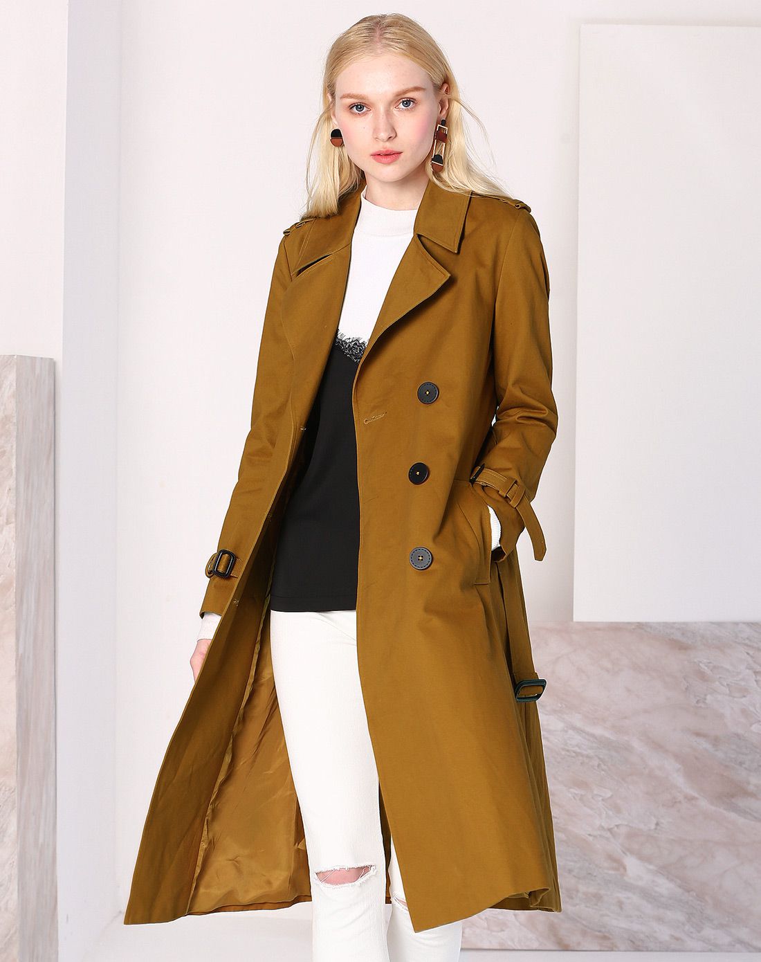 棕色翻领中长款百搭双排扣风衣