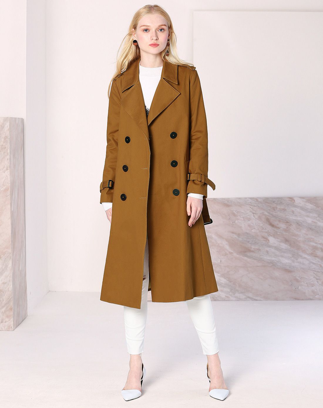 棕色翻领中长款百搭双排扣风衣
