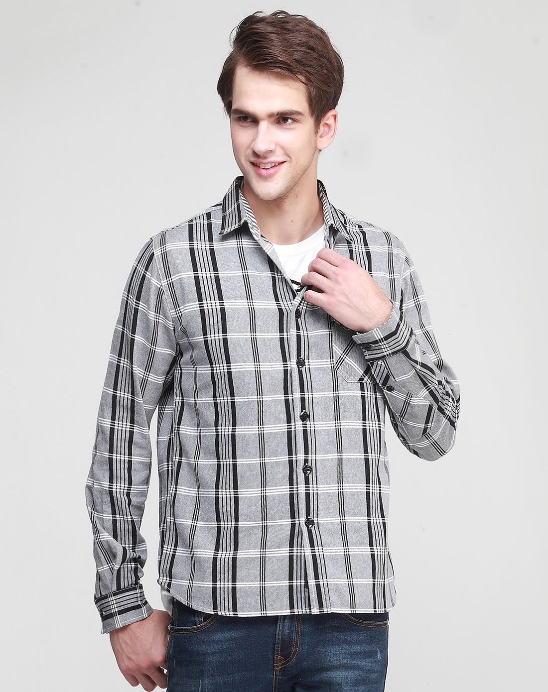 帅气时尚 男款格子纯棉百搭经典衬衫 灰色