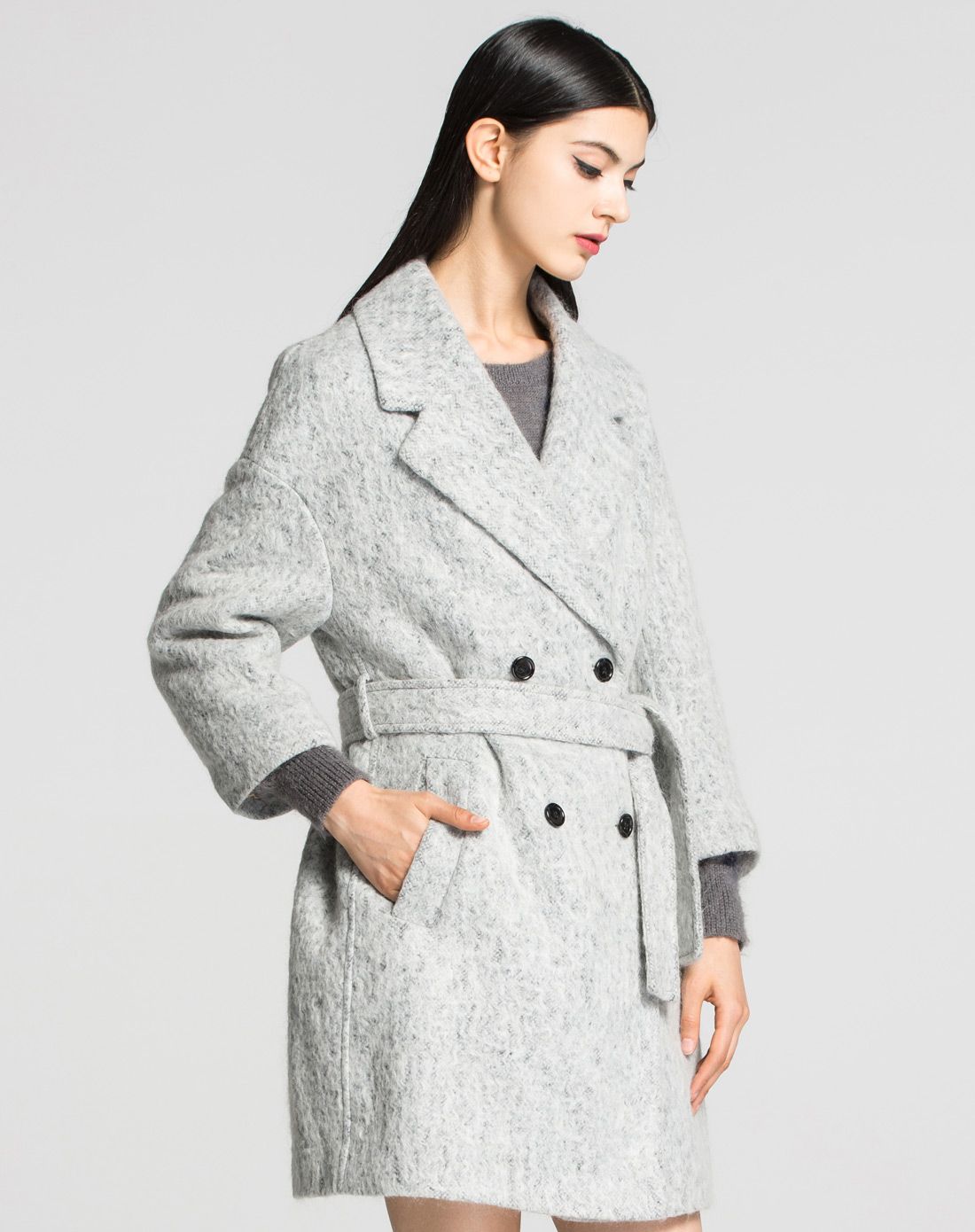 薇薏蔻iii viviniko银灰双排扣八分袖大衣2429009322d22_唯品会