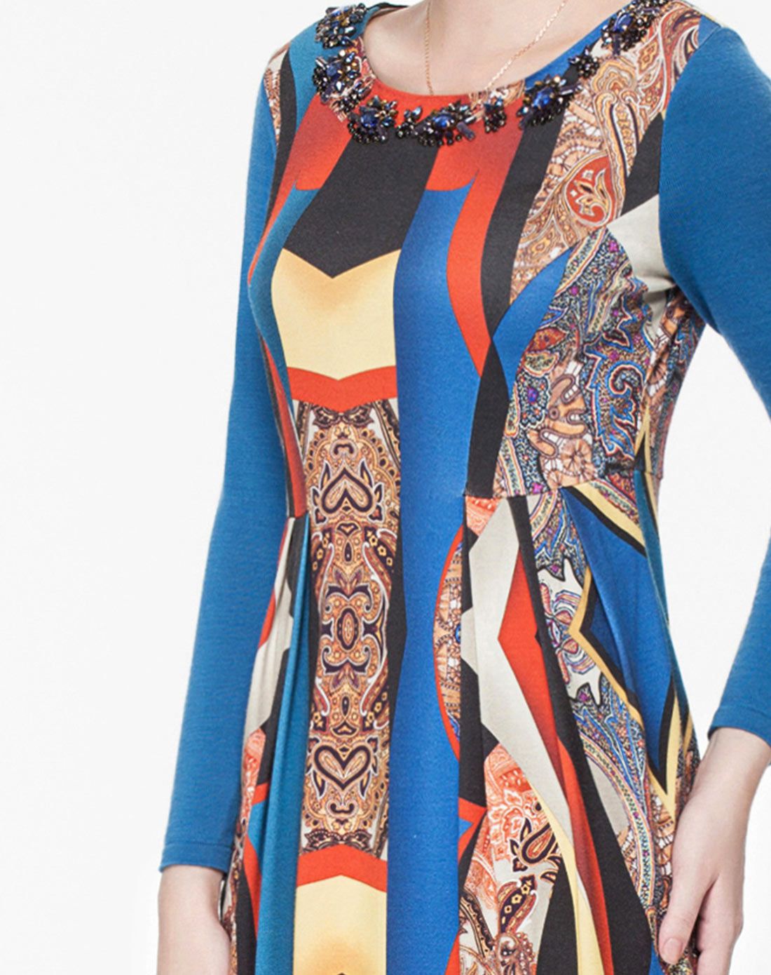 女兰黄花复古印花针织连衣裙