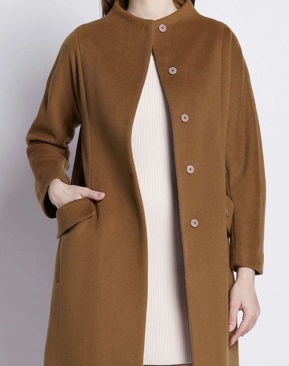 深杏色立领隐形暗扣简约a型羊毛呢大衣