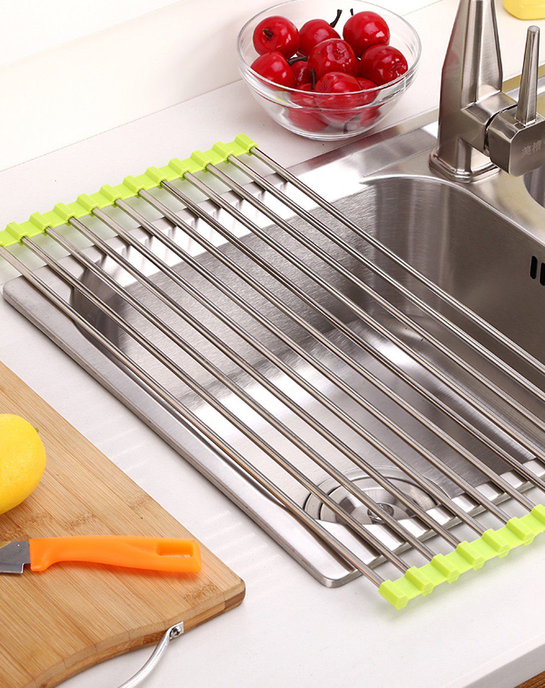 不锈钢可折叠碗筷沥水架大号-苹果绿