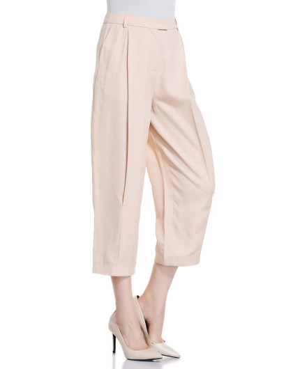 crepe de chine系列 女款粉橙色真丝拼接九分裤阔腿裤