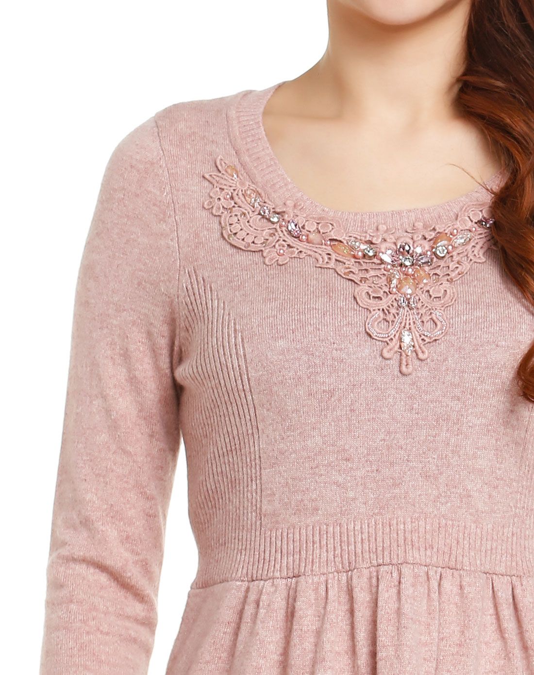 米粉色优雅绣花领长款长袖山羊绒衫