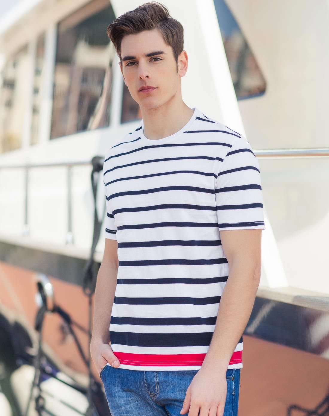 男款本白条纹棉质圆领短袖t恤